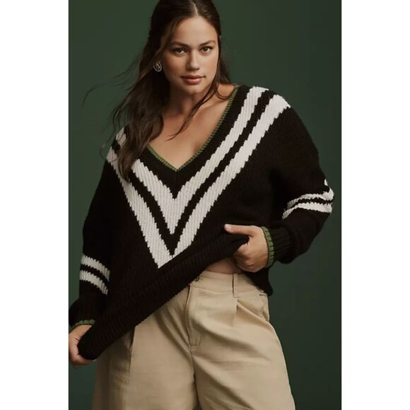 ANTHROPOLOGIE Maeve Oversized Slouchy V-Neck Sweater Black...